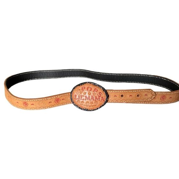 Vintage Tan Leather Stamped Belt Lil Mama Pops Tim Floral size XL - Picture 1 of 8